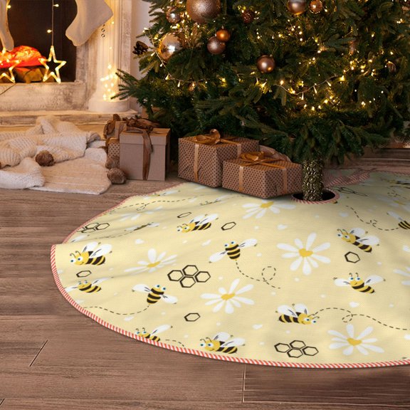 Halloween Christmas Tree Skirt - Daisy bee yellow cute cartoon 30 Inches Christmas Tree Skirt for Halloween Holiday Indoor Home Christmas Tree Decorations with Three Ribbons