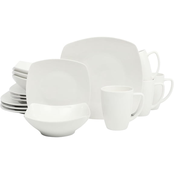 Gibson Home Zen Buffet White Porcelain Dinnerware Set for 4, Square Plates Bowls and Mugs, Chip and Scratch Resistant, Dishwasher and Microwave Safe, 16 Piece