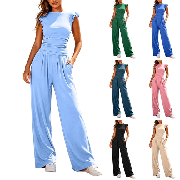 Aimik Womens 2 Piece Outfits Ruffle Short Sleeve Top and High Waisted Wide Leg Pants Set Summer Casual Lounge Sets for Women