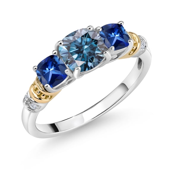 Gem Stone King Persian Blue Moissanite and Blue Created Sapphire and Diamond 3-Stone Ring for Women | 925 Silver and 10K Yellow Gold | 1.72 Cttw | Gemstone Birthstone | Cushion 6MM and 4MM | Size 9