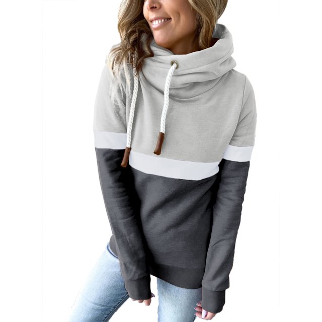 Sudaderas con Capucha para Mujer Sudadera con Capucha de Cuello Alto con Bloques de Color Puro Sudadera con Capucha Informal para Mujer para Otoño Invierno Gris Claro y Gris Oscuro L