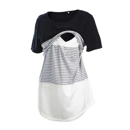 

Spdoo Maternity Patchwork Short Sleeve Breastfeeding Top T-Shirt Blue L