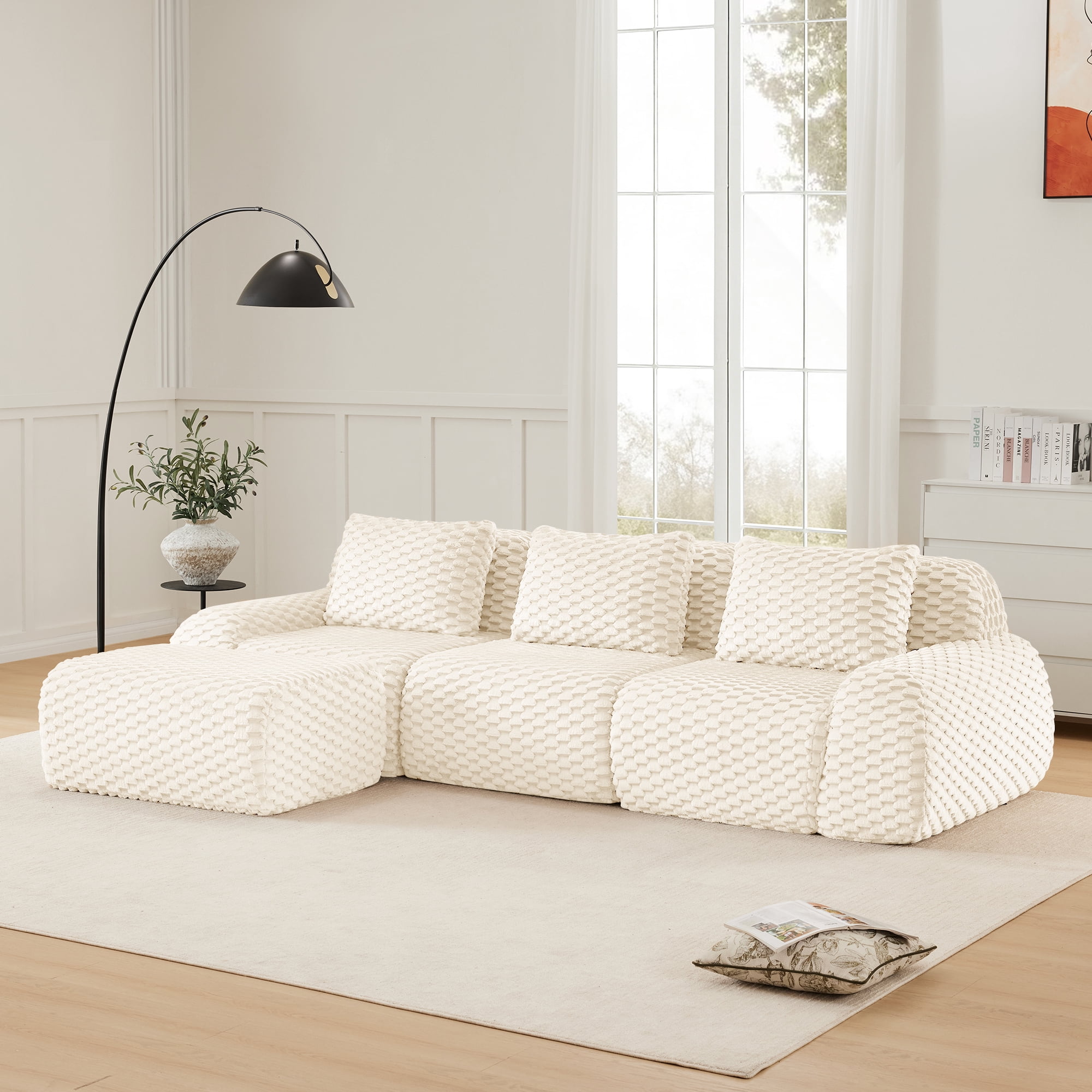 MAYEERTY 114" L-Shaped Modular Sofa, Textured Flannelette, Movable Ottoman, Pet-Friendly, No Assembly, Cream