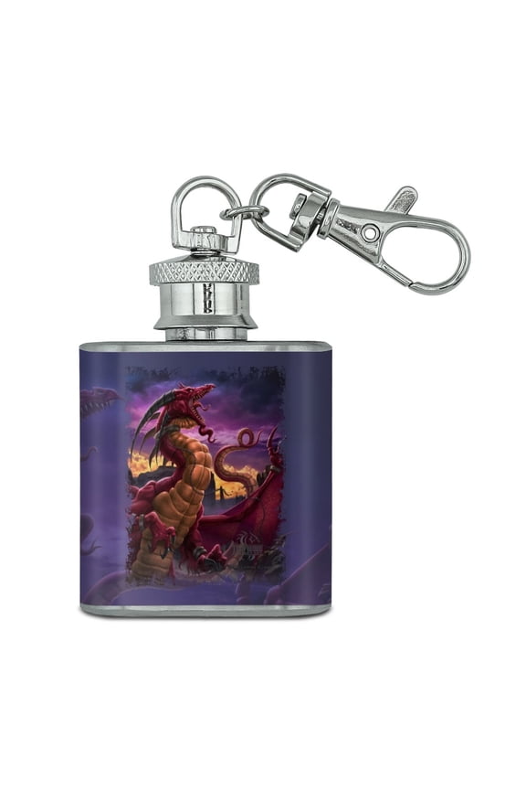 Red Purple Horned Dragon Unleashed Wizard Fantasy Stainless Steel 1oz Mini Flask Key Chain