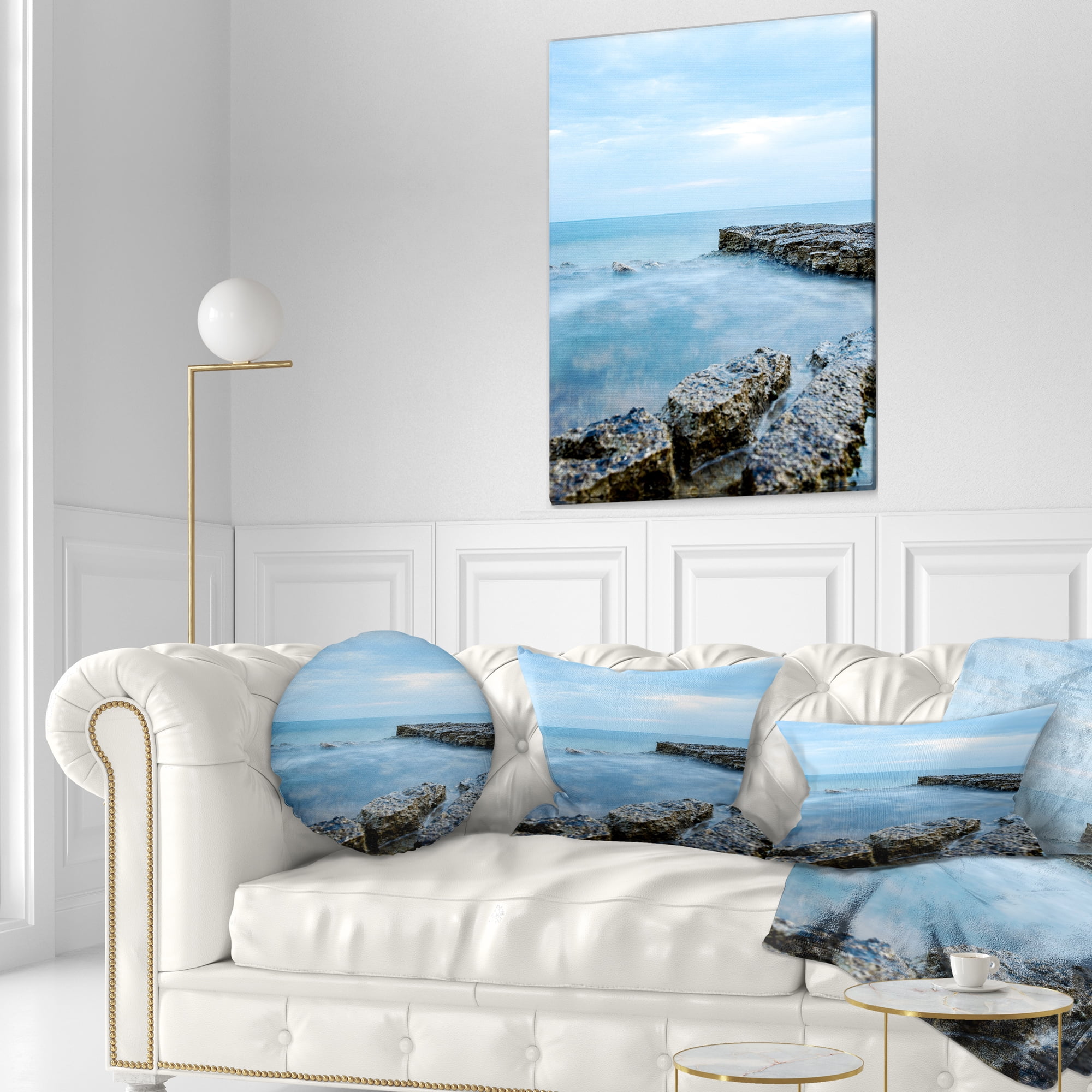 Designart Blue Rocky Seashore - Beach Photography Throw Pillow - 12x20