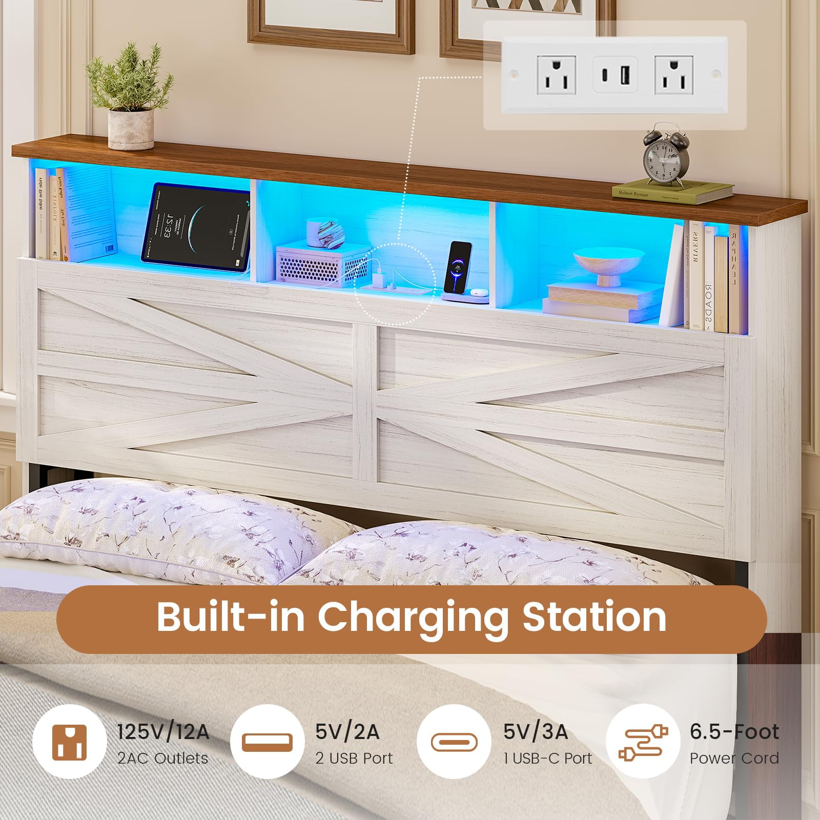Queen Bed Frame with 6 Drawers, Farmhouse Bed Frame with Barn Door Headboard and Storage, Wood Platform Bed Frame Queen Size with Charging Station and LED Lights, No Box Spring Needed, White