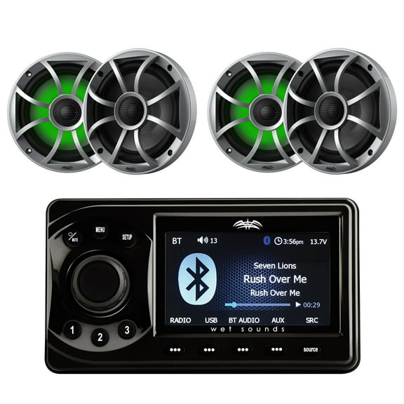 Wet Sounds WS-MC-1 4 Zone Bluetooth Marine Media Center with 5" LCD Display with 2 Pairs Wet Sounds RECON 6-S RGB LED 6.5" 60-Watt RMS Coaxial Speakers With Silver XS Grilles (Pair)