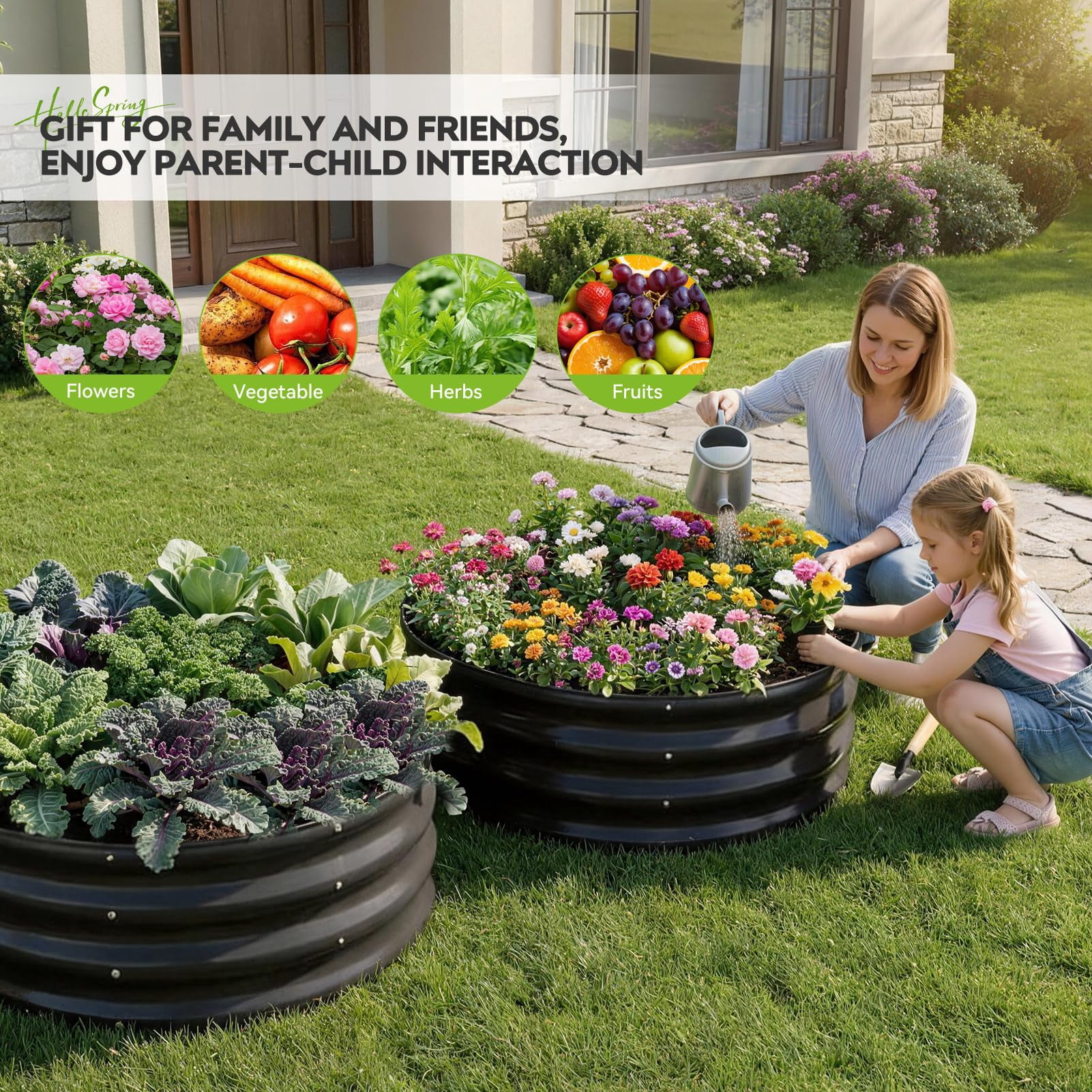 Galvanized Raised Garden Bed Outdoor, Round Metal Planter Boxes 2 Pcs, 3x3x1.4ft Steel Raised Bed Kit for Planting Vegetables, Fruits, Flowers(LotusGreen)