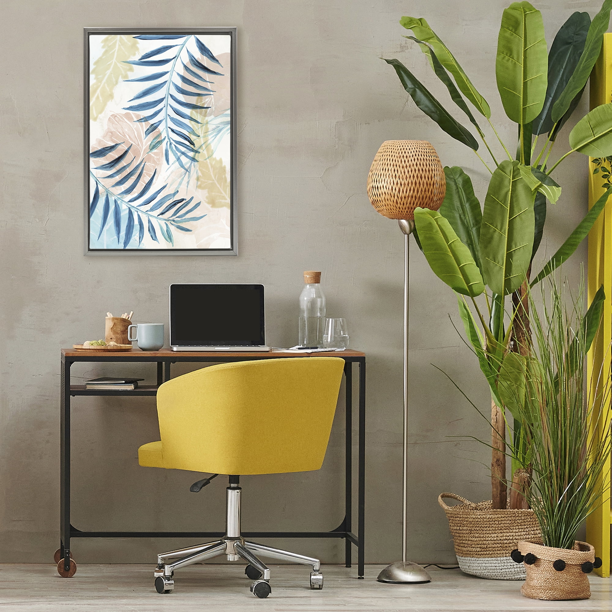 Stupell Industries Palm Fronds in Pastel Haze Gray Framed Floater Canvas Wall Art, design by Nan