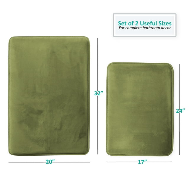Set of 2 Clara Clark Bath Mat Bathroom Rug - Absorbent Memory Foam Bath Rugs - Non-Slip, Thick, Cozy Microfiber Bathrug, Plush Shower, Toilet Bathmats - Sage - Large Size 20"x32" Small Size 17”x24”