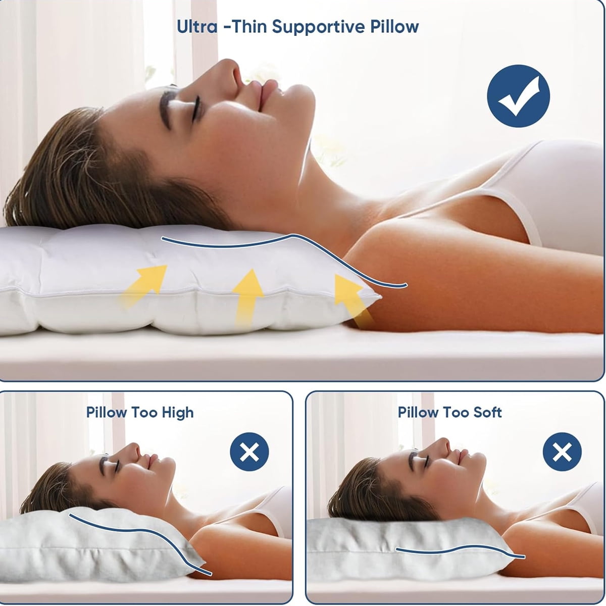 Ultra Thin Pillow, Flat Pillows for Sleeping, Rectangular Design for Abdominal Sleepers, 100% Cotton Fabric with Fiber Filling (Pack of 1)