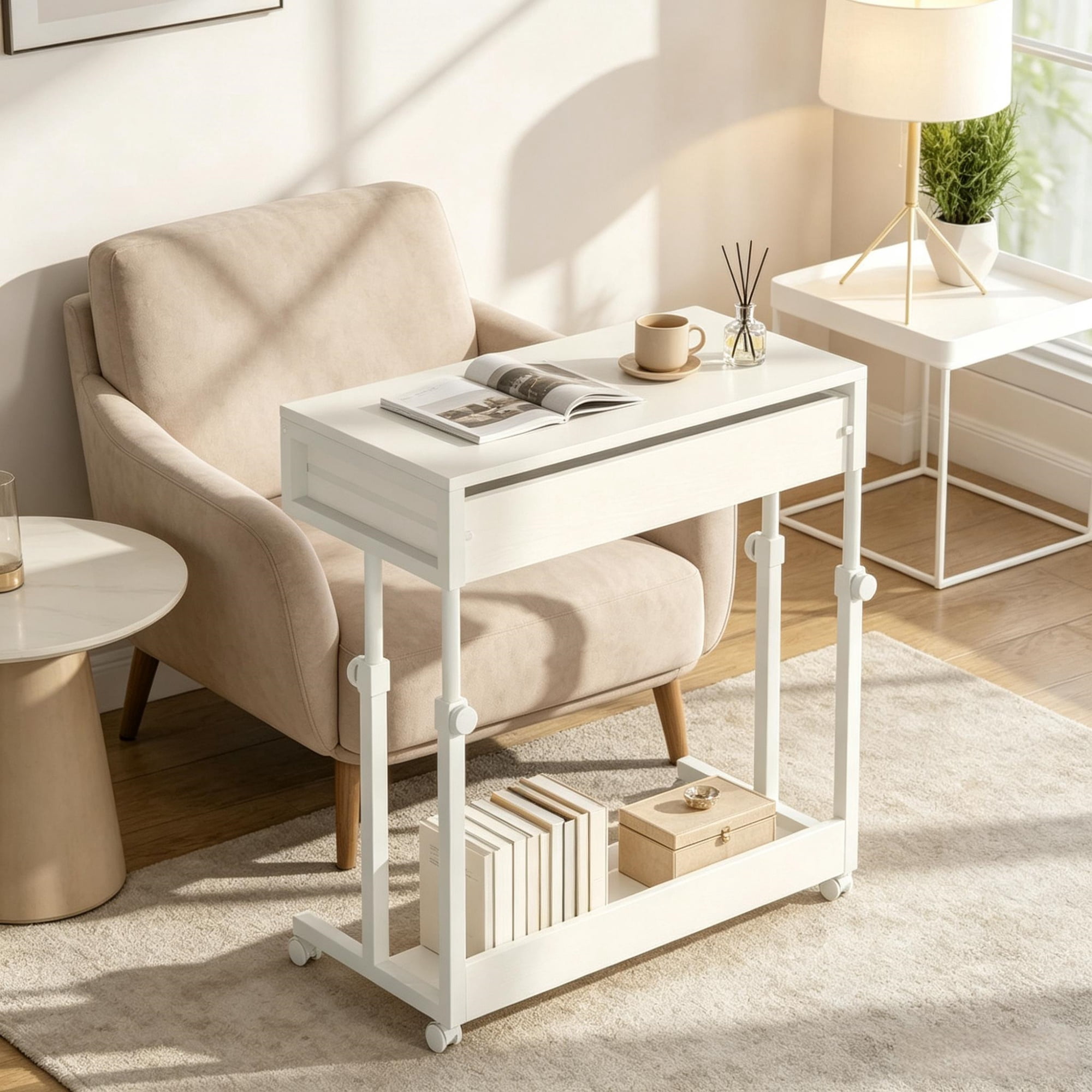 Astoutdoor Mobile Side Table Height Adjustable Portable Desk with Storage Drawers