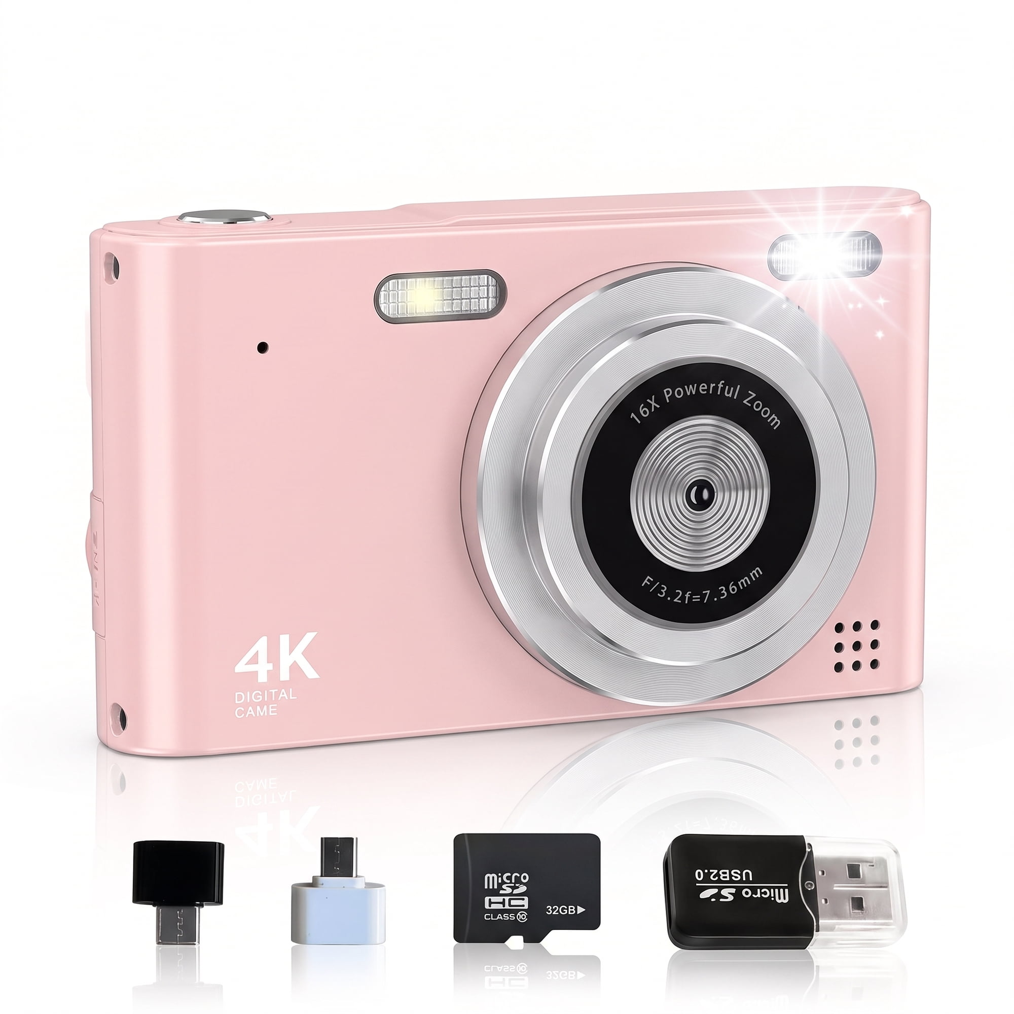 Avoben digital camera, FHD 1080P digital point-and-shoot camera, 16x optical zoom, image stabilization, 32GB memory card, compact and portable, suitable for boys, girls and children, pink.