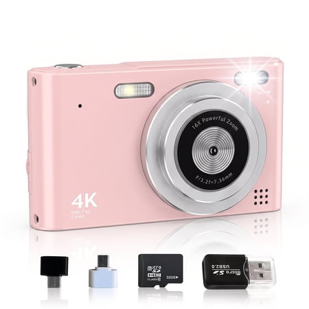 Avoben digital camera, FHD 1080P digital point-and-shoot camera, 16x optical zoom, image stabilization, 32GB memory card, compact and portable, suitable for boys, girls and children, pink.