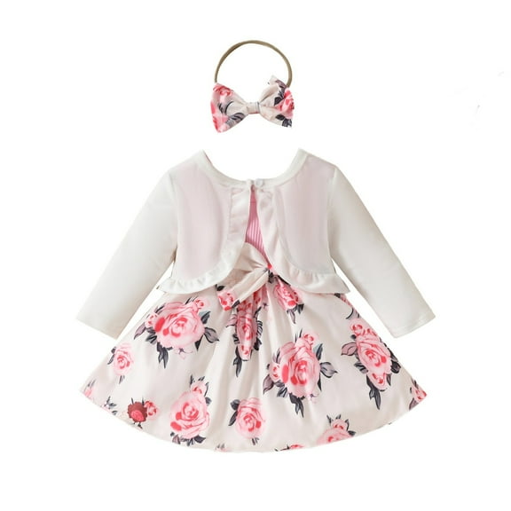 Zwiiyzr 1St Birthday Girl Outfit Long Sleeve Velvet Cardigan Floral Turu Dress Headband Toddler Baby Girls Fall Winter Clothes 3M-3T White