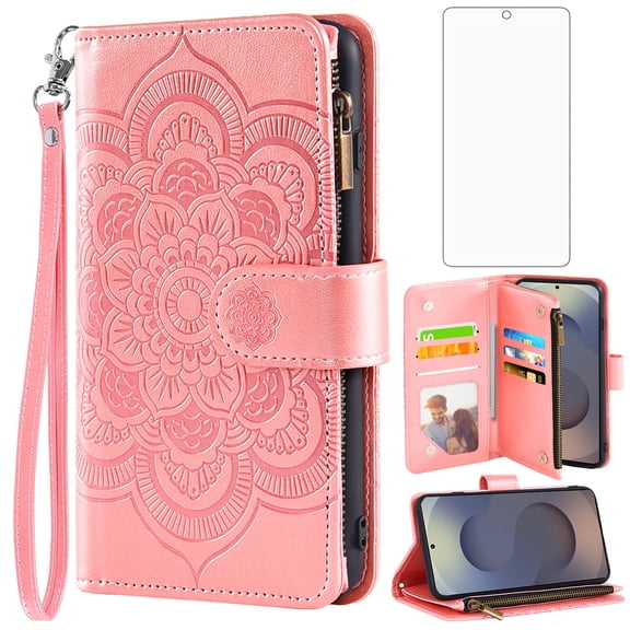 Asuwish Wallet Phone Case for Samsung Galaxy S26 Ultra 5G and Tempered Glass Screen Protector Flower Faux Leather Flip Credit Card Holder Stand Zippered Cell Cover S26Ultra 26S S 26 26Ultr Women Pink