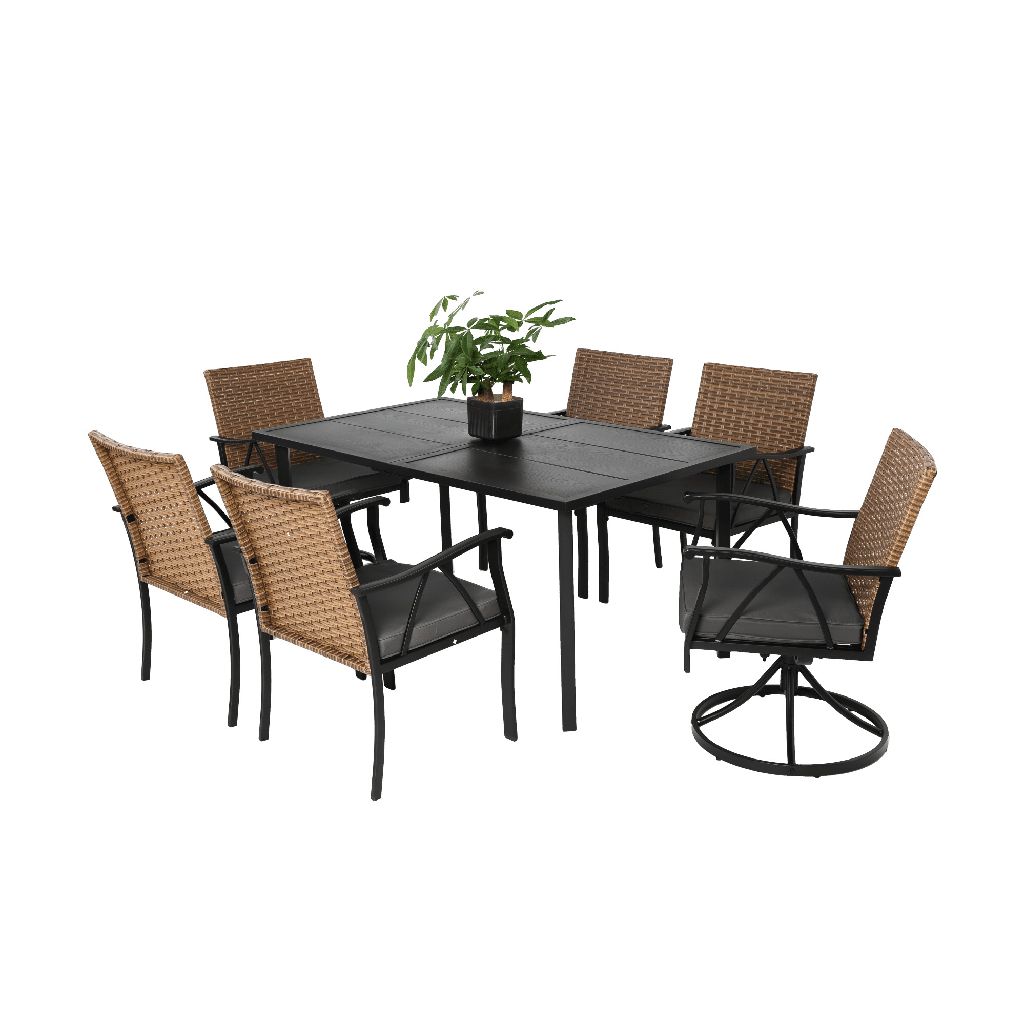 Leumius 7 Pieces Outdoor Patio Dining Set,Outdoor Wicker Dining Table Set with 2 Swivel Rocker Chairs and 4 Rattan Chairs,Patio Furniture Set for Patio, Backyard, Balcony, Garden,Brown+Gray