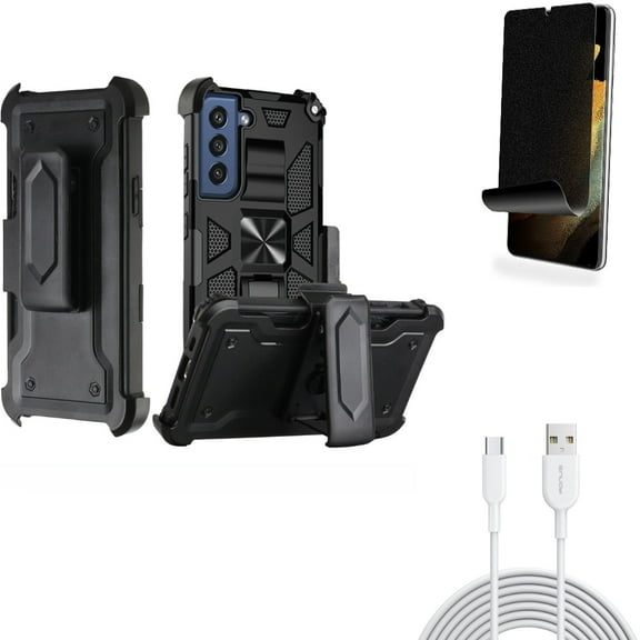 Privacy Screen Protector & Case Belt Clip & 6ft USB-C Cable for Samsung Galaxy S22 Plus (S22 ) - Combo TPU Film (Fingerprint Works) Anti-Peep & Holster Swivel Cover & Type-C Fast Charger Cord