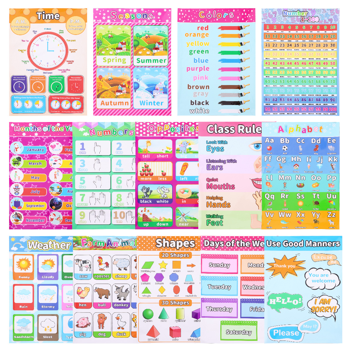 14pcs Selfadhesive Children Early Education Wall Chart English