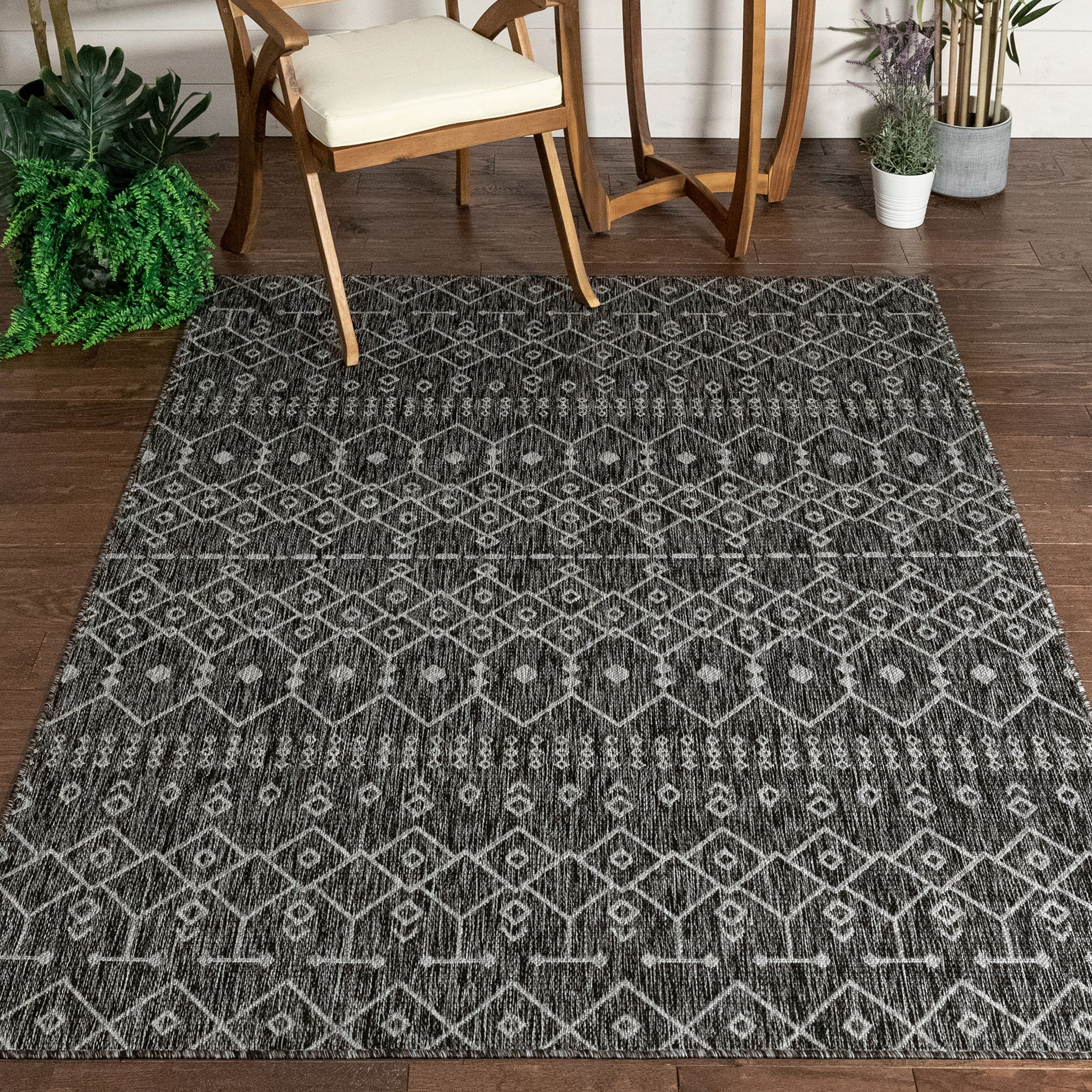 Charcoal Grey Geometric Flatweave Indoor Outdoor Large Living Room Desk Rug 