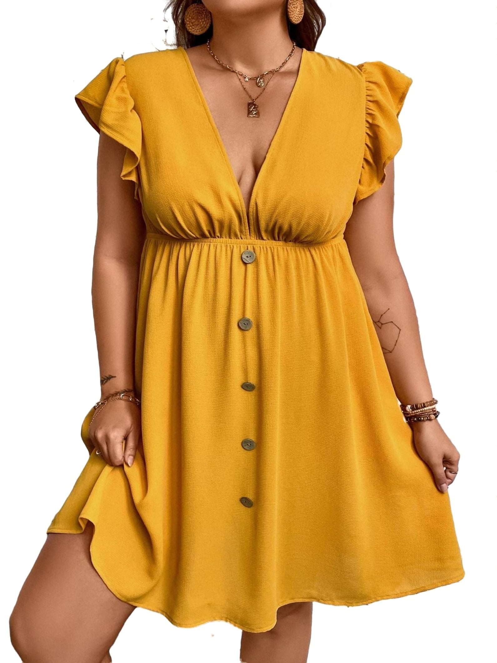 Women's Casual Plain A Line Deep V Neck Mustard Yellow Plus Size