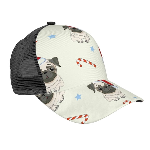 Lsque Christmas Pug Dog Printed Trucker Hat - Baseball Cap for Men Women - Breathable Mesh Side, Adjustable Fit - for Casual Wear