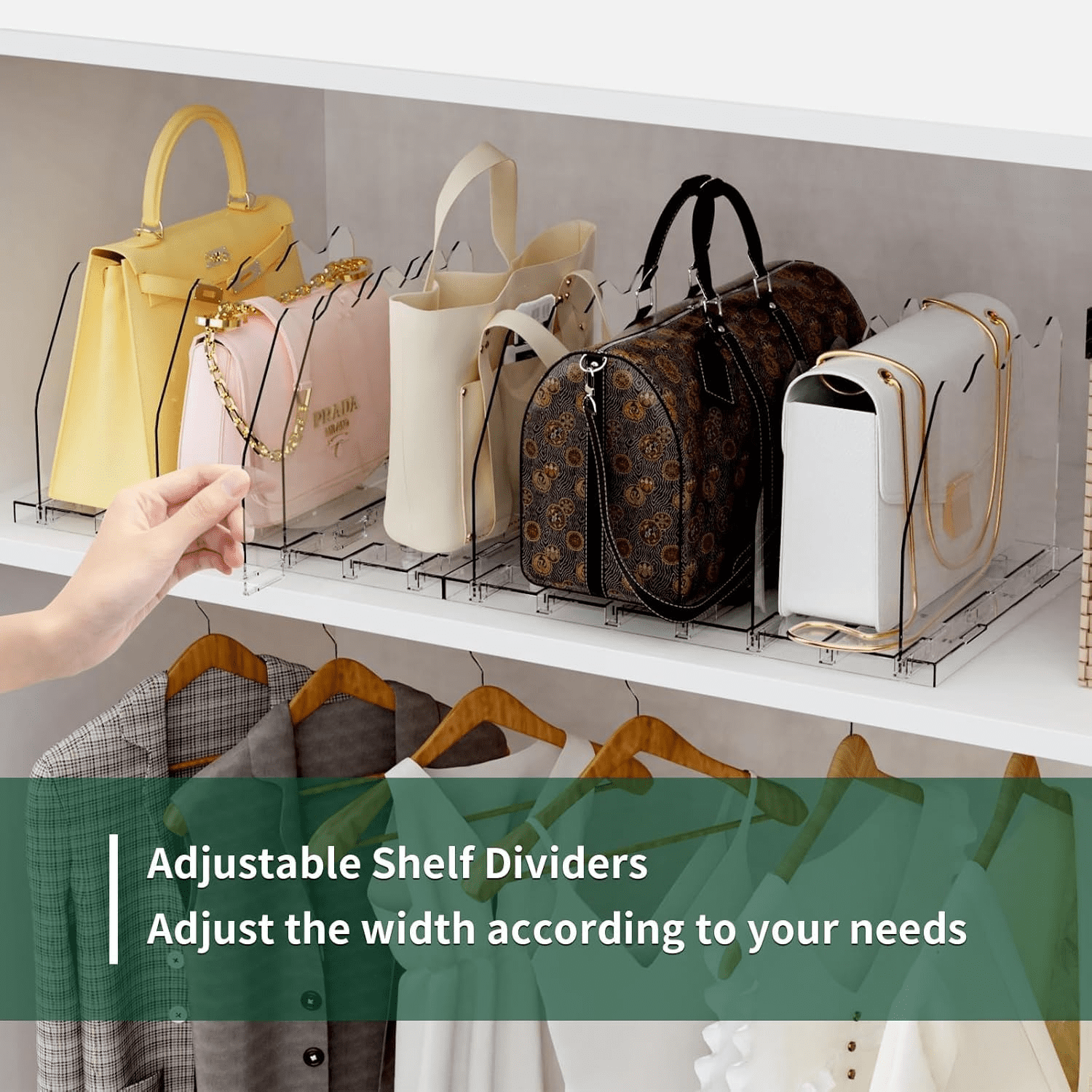 LLMRR Closet Organizers and Storage, Purse Organizer for Closet, Closet Shelf Organizer, Shelf Dividers for Closet Organization, Storage for Purses in Closet, Handbag Storage Organizer, Clear, 2 Pack