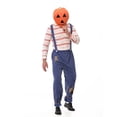 thumbnail image 5 of Halloween Family Matching Costume Sets, Pumpkin Head Mask with Striped Shirt and Suspender Pants, Parent-Kids Scarecrow Cosplay Outfit for Party, 5 of 7