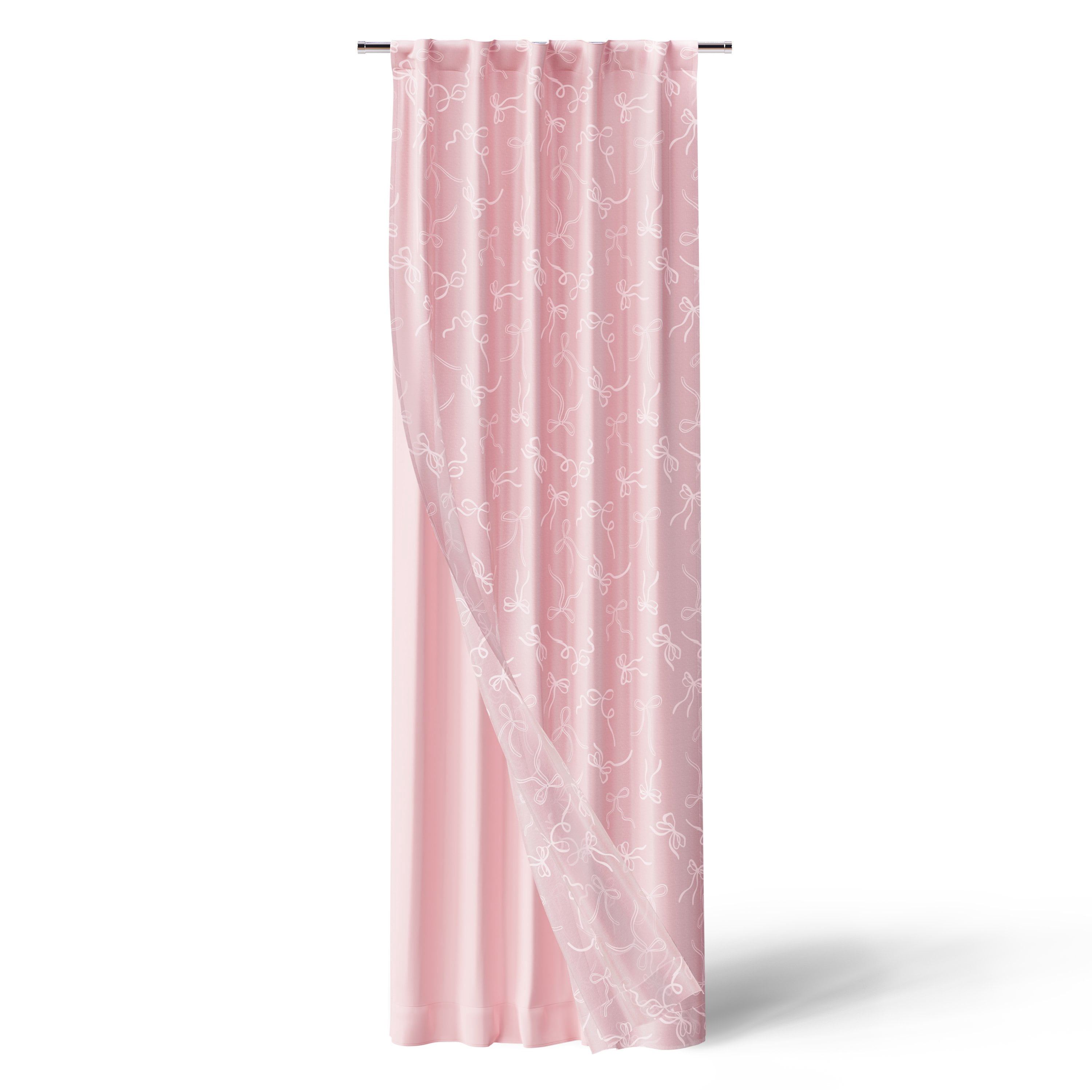 Mainstays Kids Pink Ribbons Sheer Overlay Blackout Single Curtain Panel, Rod Pocket with Back Tabs, 38 in x 84 in