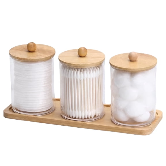 Bathroom Apothecary Jars Set, 3-Pack Glass Canisters with Bamboo Lids & Tray, Clear Vanity Organizer for Cotton Balls, Swabs, Floss Picks, Farmhouse Bathroom Decor Storage Containers
