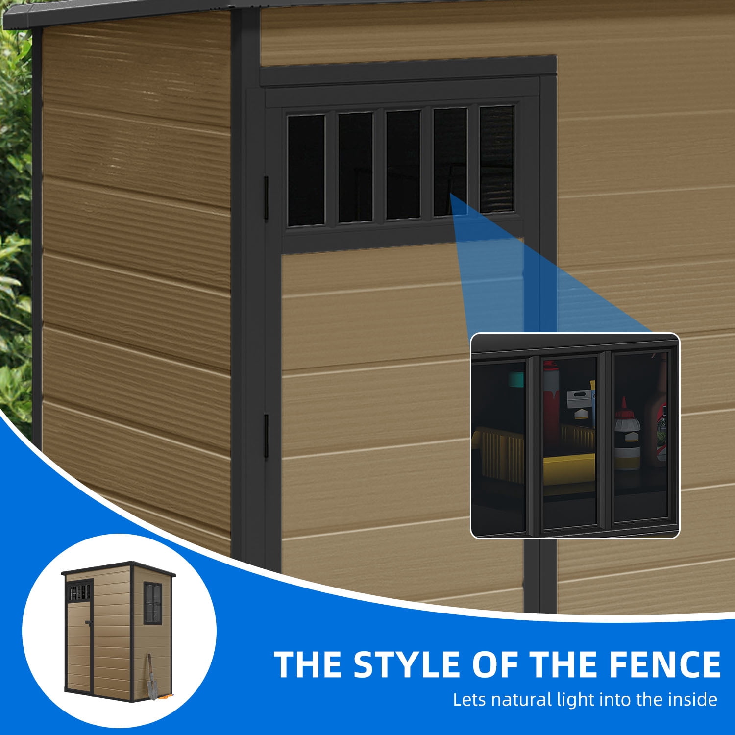 Dextrus 5x3FT Outdoor Storage Shed with Windows, Floor, Lockable Doors, Waterproof Plastic, Brown