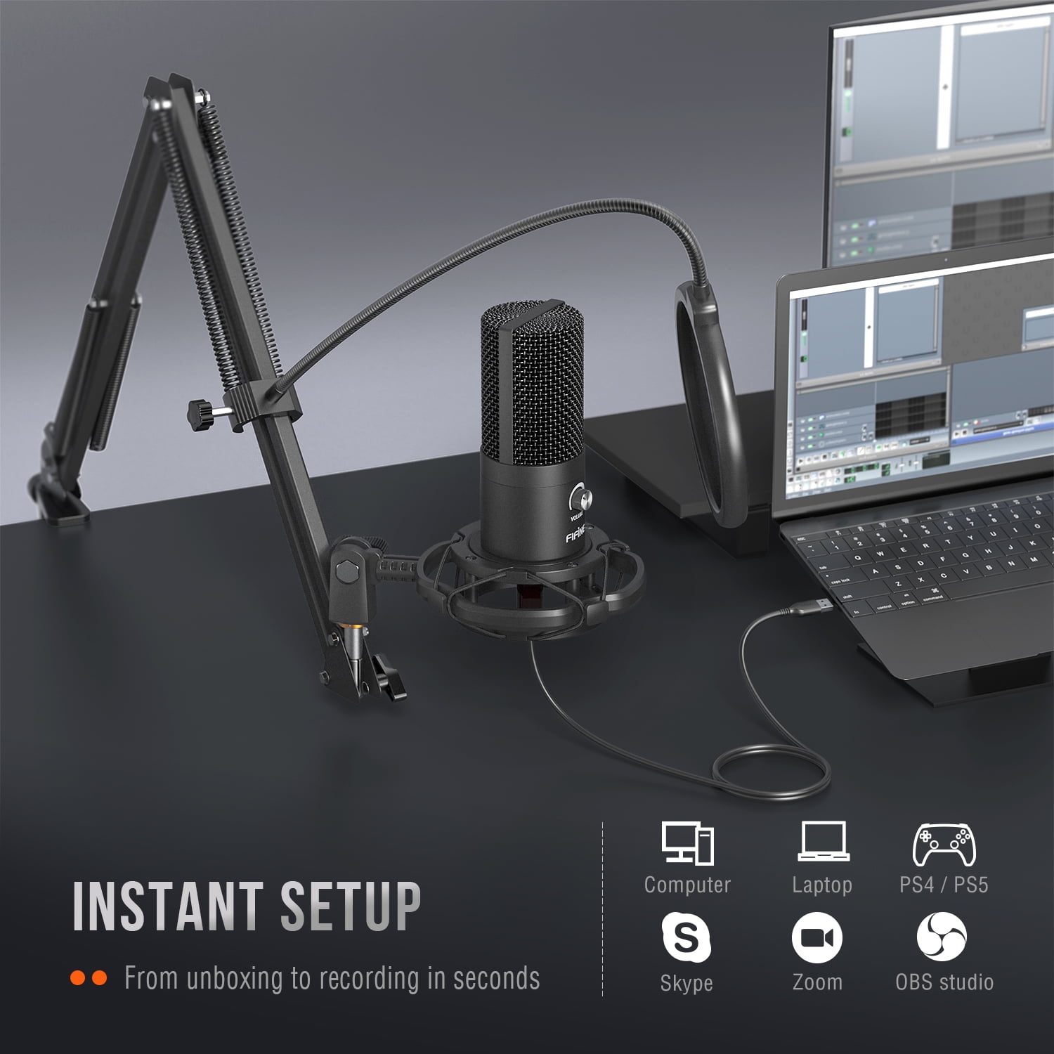 FIFINE T669 USB Studio Microphone Kit for PC Computer, Recording Microphone Bundle with Boom Arm, Gain Control, Pop Filter for Streaming, Podcasting