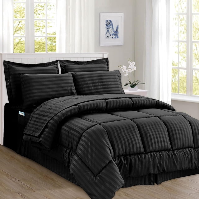 Mocassi Comforter Set, 8-Piece Striped Down Alternative, Soft & Plush Bedding Set Perfect for Any Bed Room, Full/Queen Size, Black