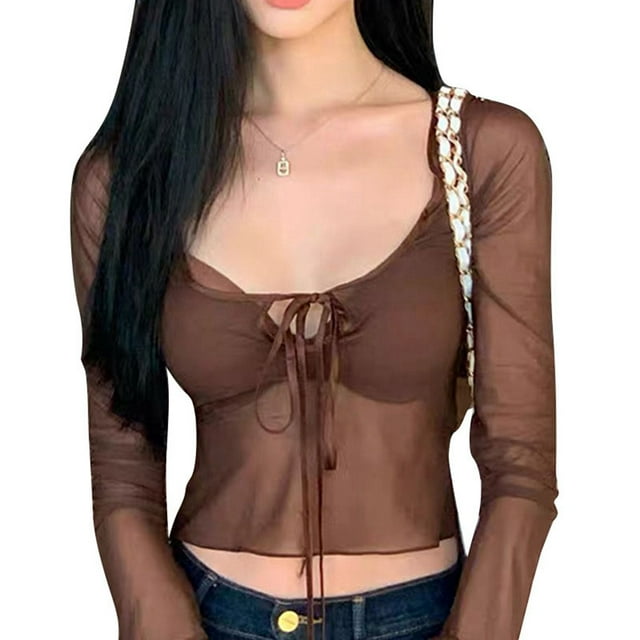 Blusa de camisa de malla transparente de moda con cuello con lazo de manga larga de color liso para mujer para fiesta de citas Marrón L