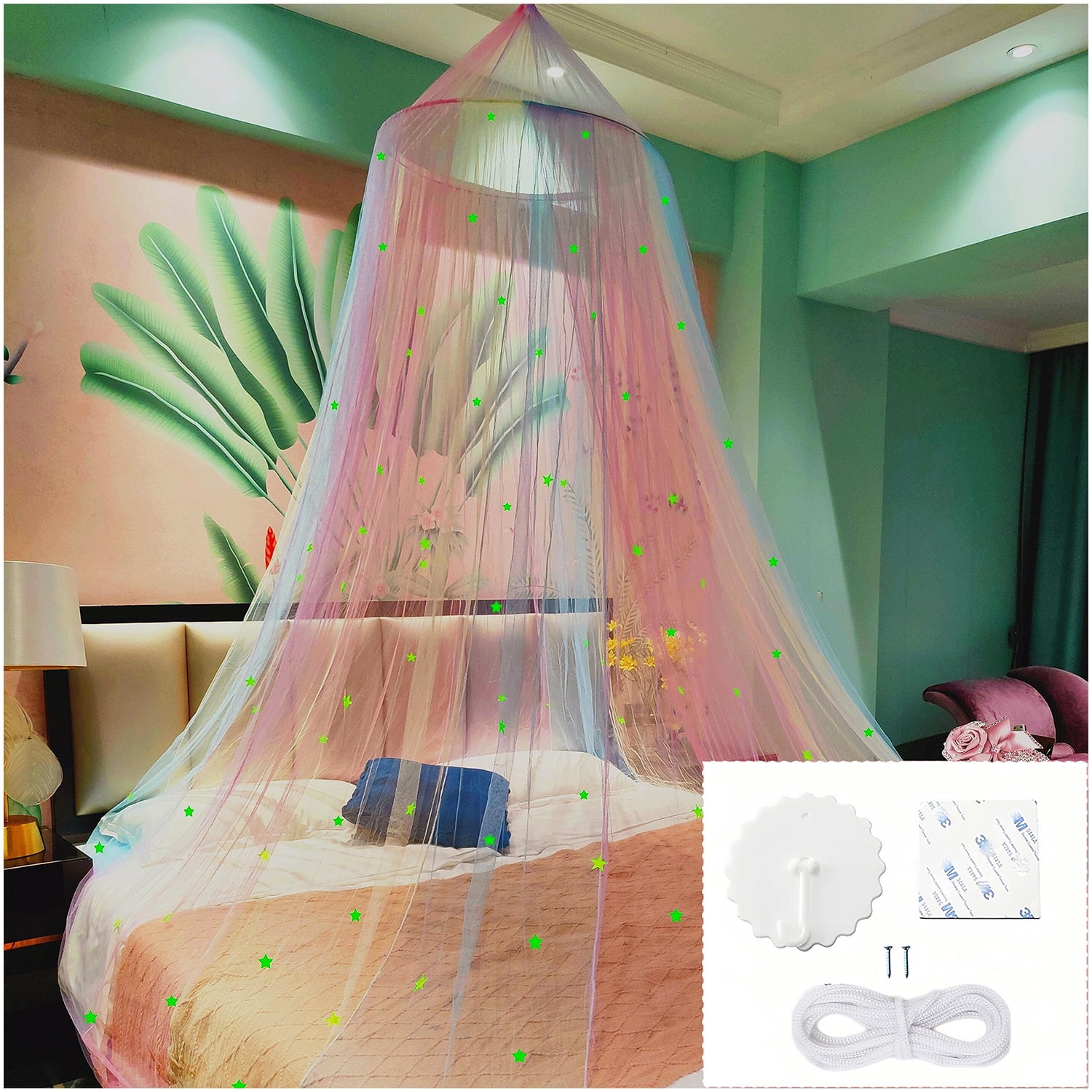 Rainbow bed cover, stars shining in the darkness, suitable for decorating girls' rooms with bed covers (colored mosquito nets with stars)