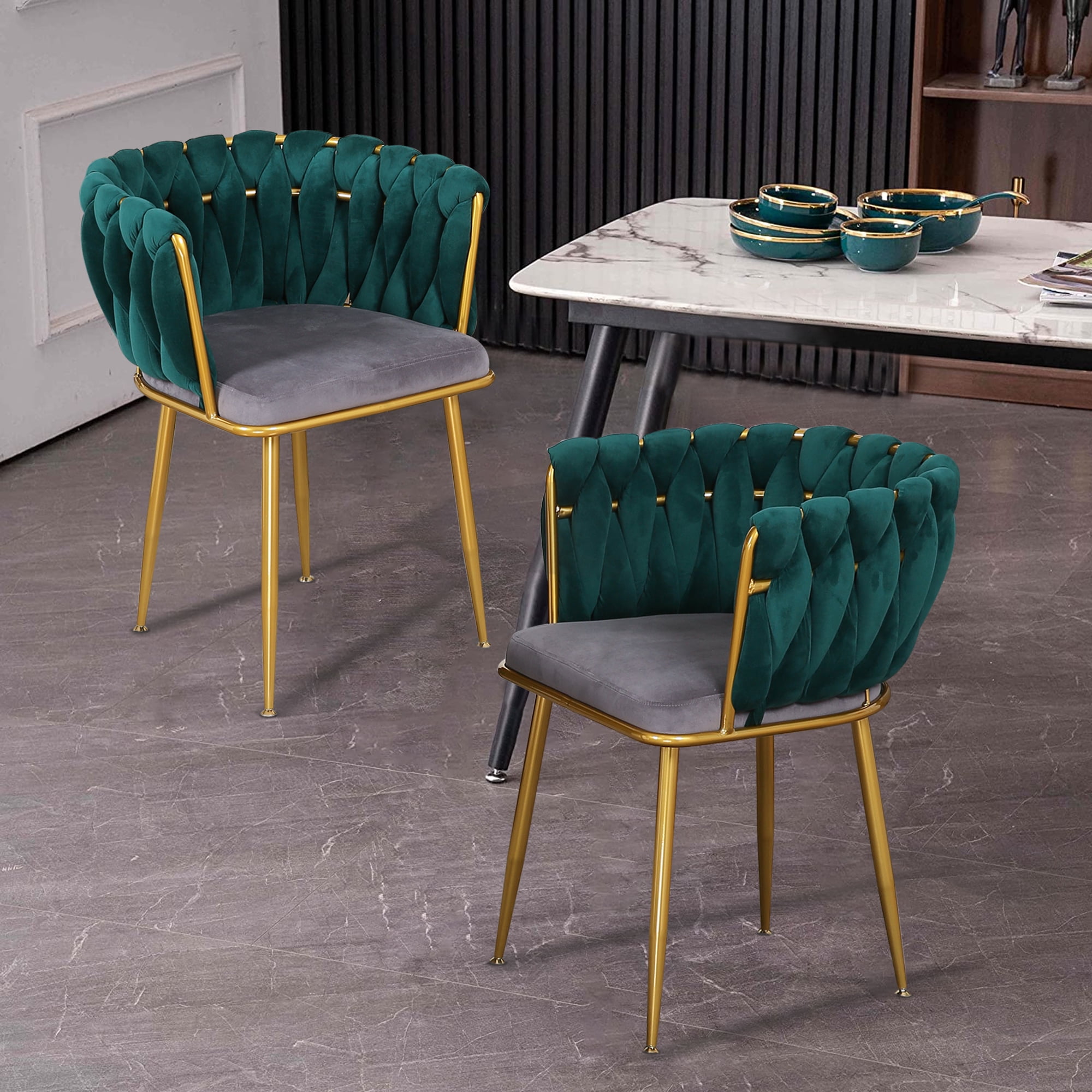 Dark Green Modern Velvet Dining Chairs Set of 2, Hand Weaving Accent ...