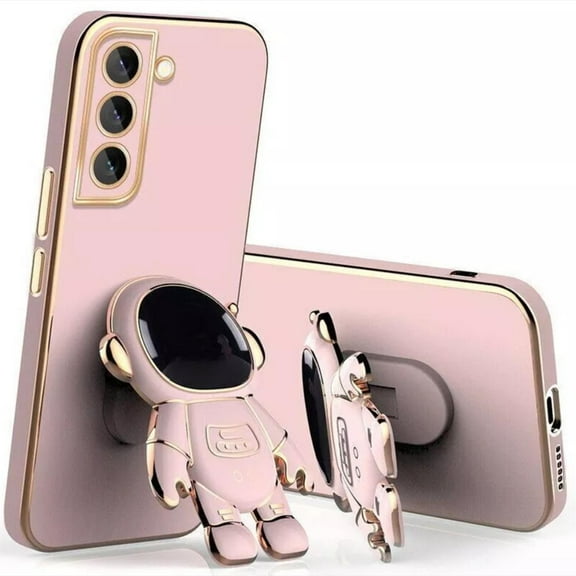 Allytechgroup Cute Astronaut Case for Samsung Galaxy S25 Ultra with Kickstand, Glossy Shockproof Soft TPU Slim Phone Case for Women Girls - Ring Grip Holder, Gold Edge Protective Cover, Pink
