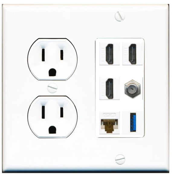 Ultra Spec Cables 3 Port HDMI Coax Cat6 Ethernet USB Wall Plate w/Round Power Outlet