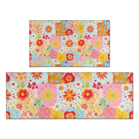 Pioneer Flower Floral Print Pattern Kitchen Rugs Sets Of 2, Anti Fatigue Non Slip Washable Floor Mats for Kitchen Sink Laundry, 17X30 Inch 17X47 Inch