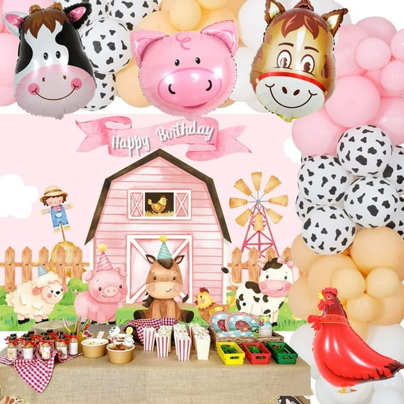 Farm Animal Birthday Party Decorations for Girls, Cow Print Pink Balloon Garland Arch Kit, Farmhouse Barnyard Party Supplies with Backdrop for 1st 2nd Birthday
