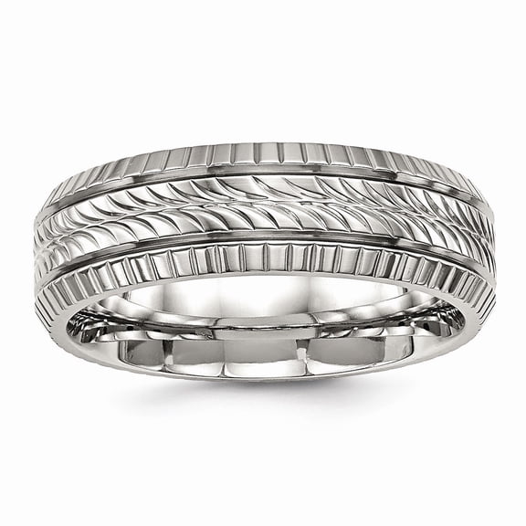 6mm Stainless Steel Polished Grooved and Textured Ring - Size 11.5