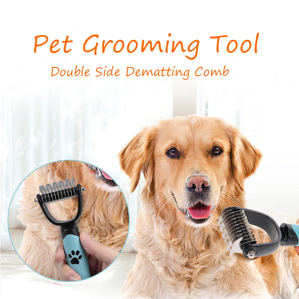 2-Side Pet Grooming Tools for Cat and Dog with Deshedding Brush and Safe Dematting Comb Pet Brush Small, Blue 
