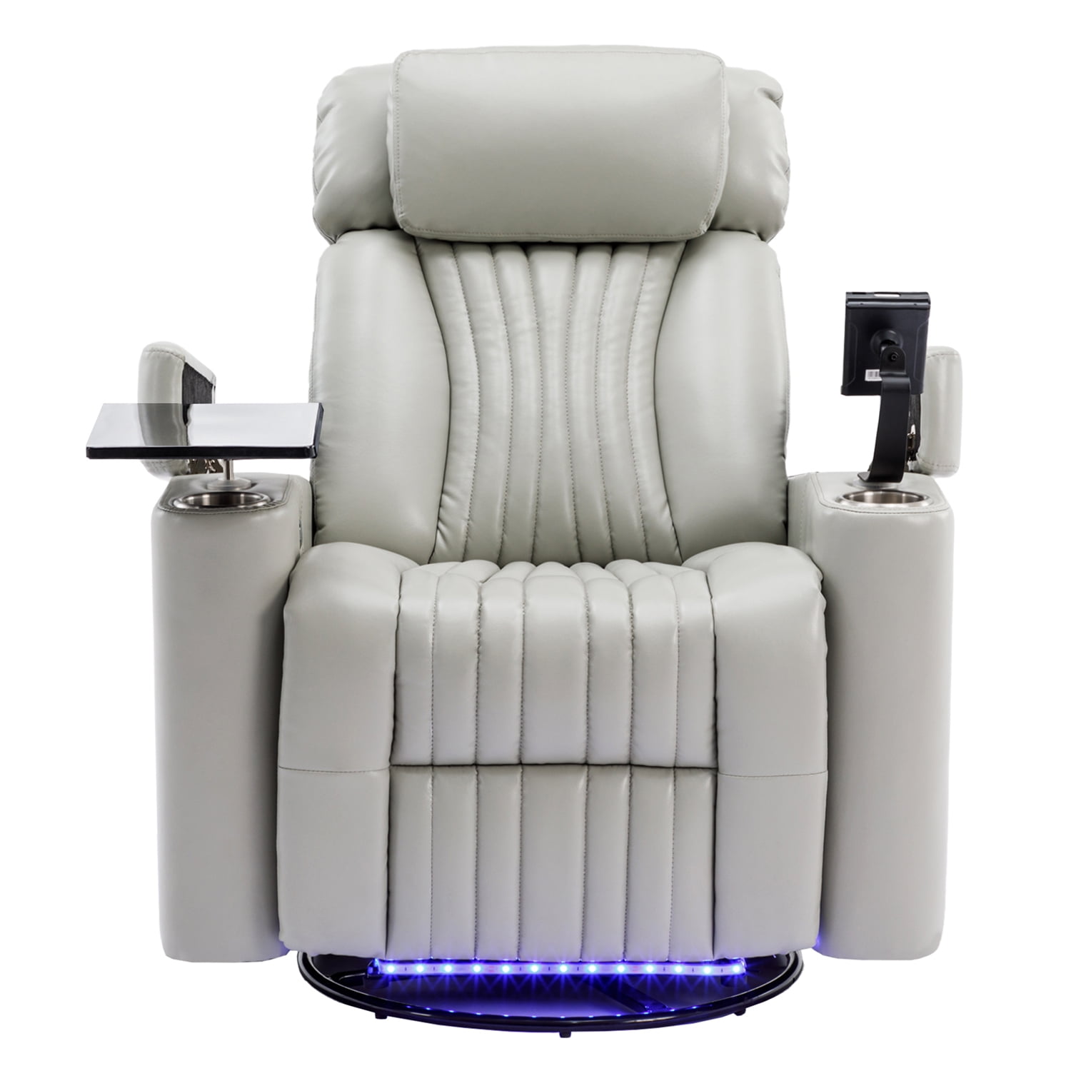Kadyn 270° Power Swivel Rocker Recliner, PU Leather Recliner Chair with LED Light Strip, Cup Holder and 360° Swivel Tray Table, Modern Power Swivel Recliner with Cell Phone Holder, Grey Kadyn 270° Power Swivel Rocker Recliner, PU Leather Recliner Chair with LED Light Strip, Cup Holder and 360° Swivel Tray Table, Modern Power Swivel Recliner with Cell Phone Holder, Grey