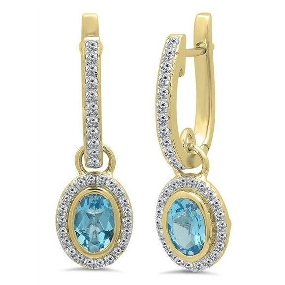 Dazzlingrock Collection 6X4mm Each Oval Blue Topaz & Round Diamond Ladies Halo Dangling Drop Earrings, Yellow Gold