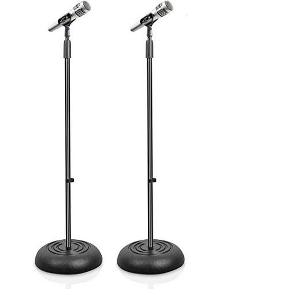 Universal Compact Base Microphone Stand - 2.8 to 5 Ft Height Adjustable Heavy Duty Lightweight Studio Floor Standing Mic Holder w/ Standard 5/8" Mic Adapter - Pyle PMKS5X2 (Pair)