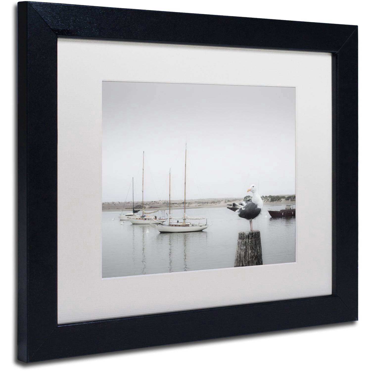 Trademark Fine Art "Four Boats and Seagull" Canvas Art by Moises Levy White Matte, Black Frame