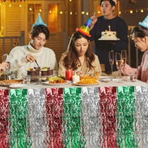 OUNONA Colorful Wavy Table Skirt For Birthday Holiday Decorations Metallic Tinsel Table Skirt Desk Skirt Engagement Tabletop Accessories Size 275x75cm