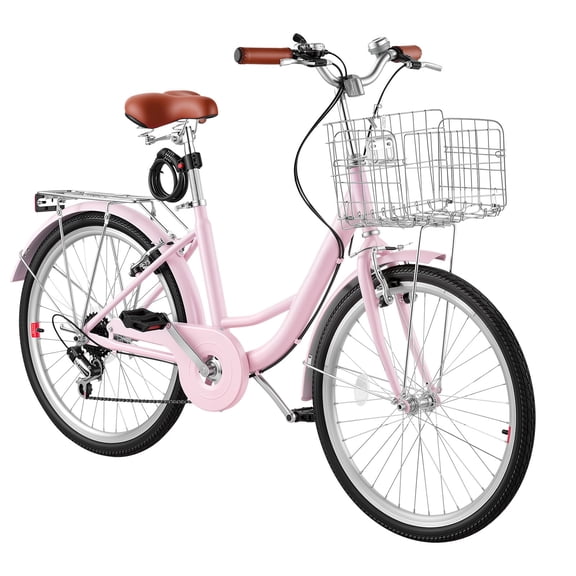 KFFKFF 24-Inch Women's Beach Cruiser Bike, 7-Speed City Bicycle with Carbon Steel Frame, 330 lbs Load Capacity, Basket, Rear Rack & Dual V-Brakes, Pink