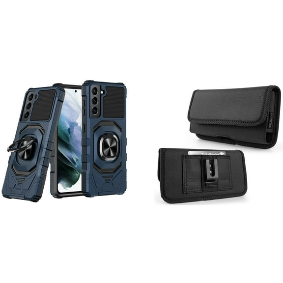 Case with Belt Holster Bundle for Samsung Galaxy S22 Ultra: Heavy Duty Shield Cover (Blue) and Horizontal Rugged Nylon Phone Pouch