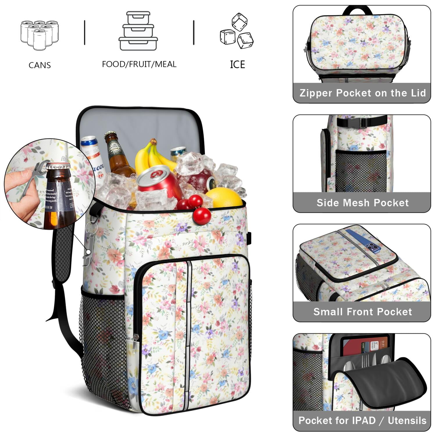 Travel Cooler Bag - Pioneer Flower Floral Print Pattern Camping Beer Cooler Backpack with Bottle Opener- Waterproof Insulated Picnic Backpacks - Cooler Bag for Beach